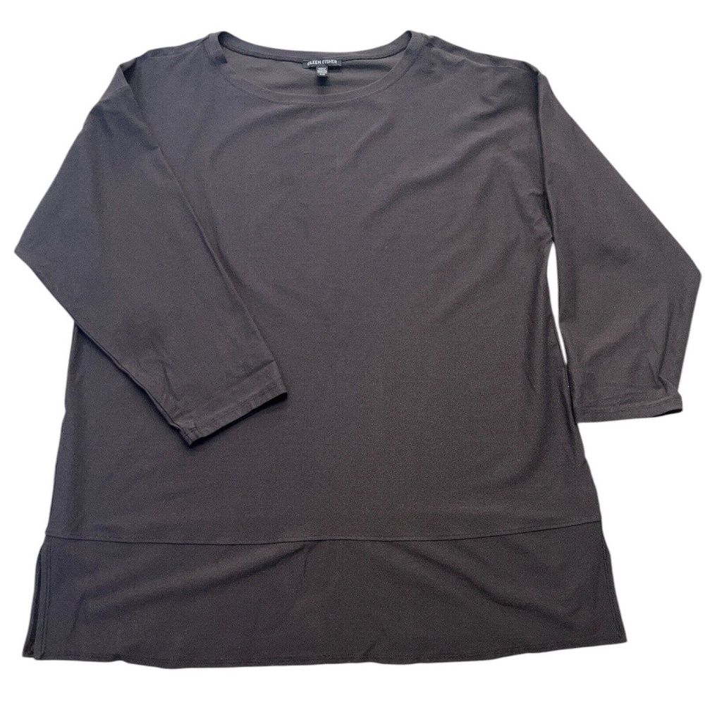 Eileen Fisher Crepe Tunic Top Womens M Brown Stretch Half Sleeve Pullover Blouse
